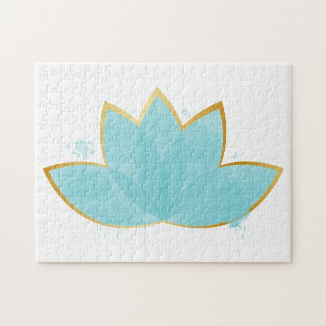 Puzzle Floral Lotus Aquarelle Mer Bleu & Faux Or (Horizontal)