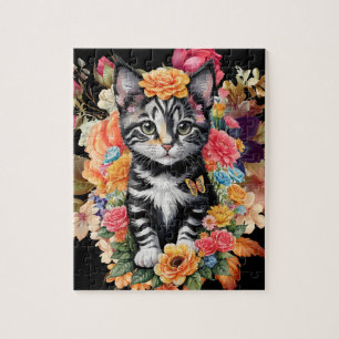 Puzzle floral noir et blanc Kitten