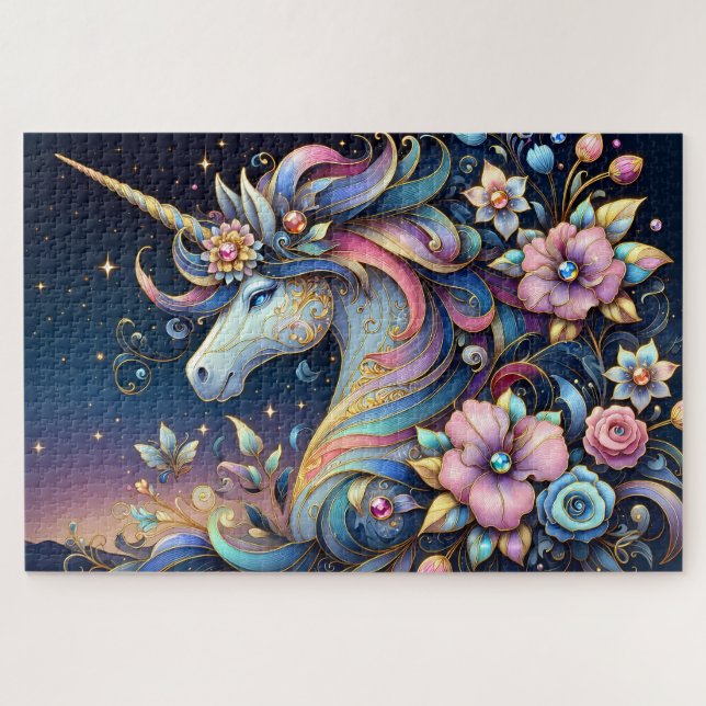 Puzzle Floral Unicorn Night Fantasy (Horizontal)