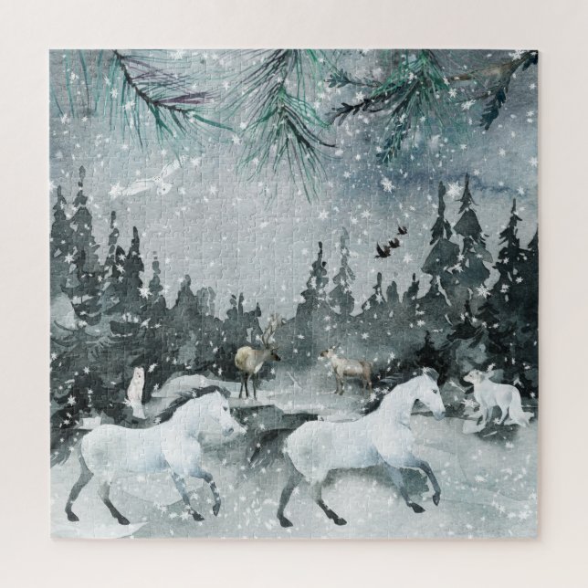 Puzzle Forêt Bois Nuit Ciel Blanc Horse & Animaux (Vertical)