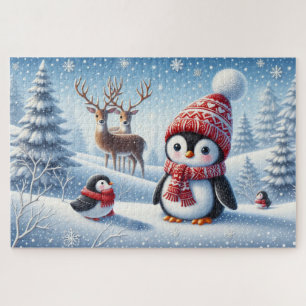 Puzzle Forêt couverte de neige avec pingouins et rennes