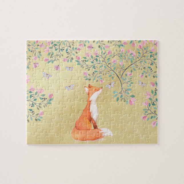 Puzzle Fox avec des papillons et des fleurs roses (Horizontal)