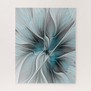 Puzzle Fractal Floral Moderne Abstrait Fleur Bleu Gris