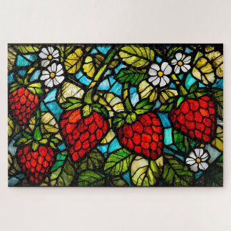 Puzzle Fraises, feuilles et fleurs en verre coloré
