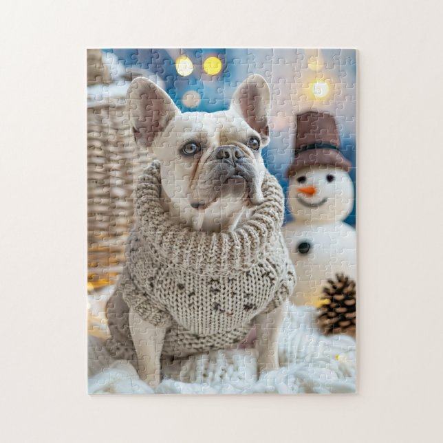 Puzzle Frenchie With Snowman Christmas (Vertical)