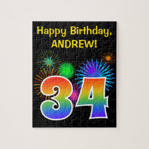Puzzle Fun Fireworks + Rainbow Motif "34" Anniversaire #