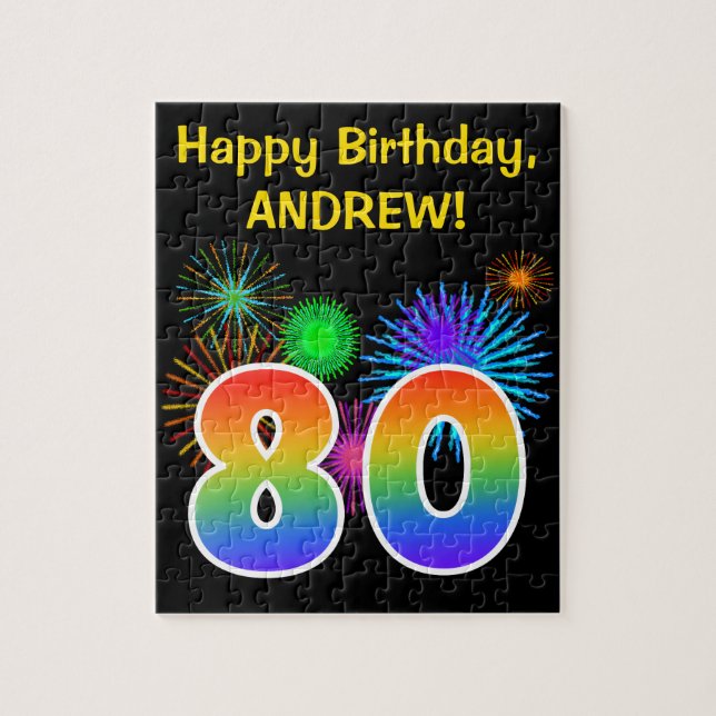 Puzzle Fun Fireworks + Rainbow Motif "80" Anniversaire # (Vertical)
