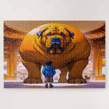 garçon et gros chien