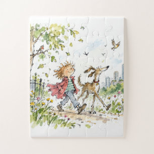 Puzzle Garçon heureux et chien dans un parc municipal
