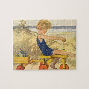 Puzzle Garçon vintage Jouer à la plage avec des jouets de
