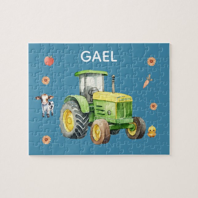 Puzzle Garçons Cute Blue Farm Tracteur et nom Enfants (Horizontal)