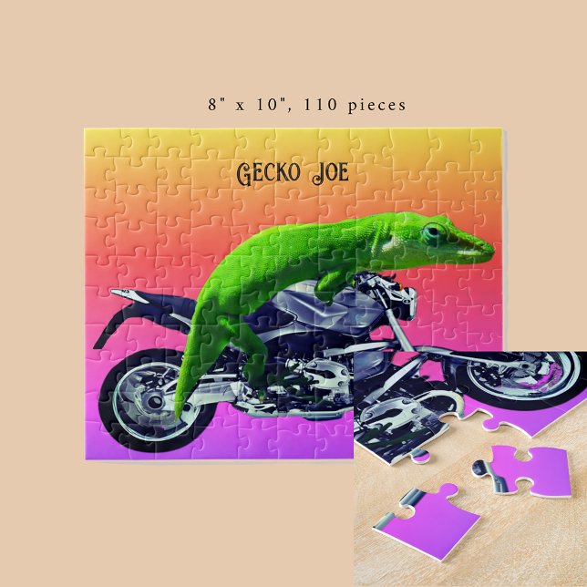 Puzzle Gecko Motorcycle Rider Pink Horizon Ajouter le nom (Gecko Motorcycle Rider Pink Horizon Add Name 8x10 Jigsaw Puzzle)