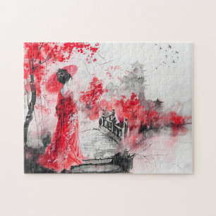 Puzzle Geisha chinois aquarelle sur un pont