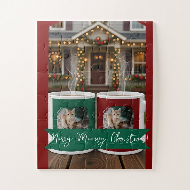Puzzle Ginger cat, Photo Text Customize ,Meowy Christmas, (Vertical)