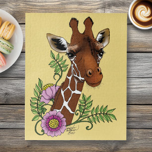 Puzzle Giraffe Fleurs de Portrait Jaunes