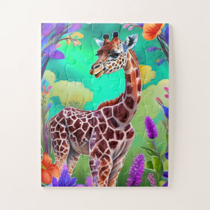 Puzzle Giraffe mignonne entourée de fleurs