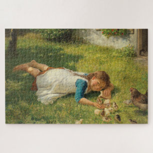 Puzzle Girl Playing with Chicks (Hen and Chicken)