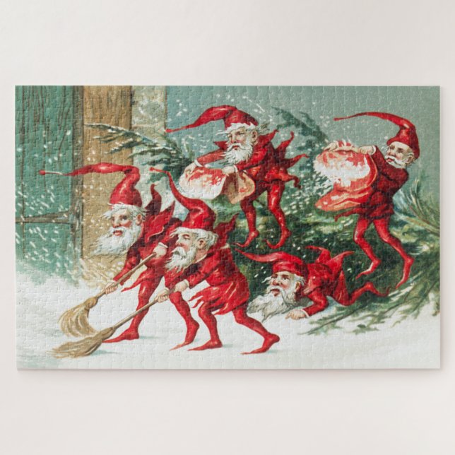 Puzzle Gnomes sweeping snow with a broom (Horizontal)