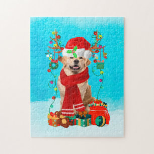 Puzzle Golden Retriever dans la neige avec cadeaux de Noë