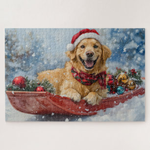 Puzzle Golden Retriever Dog in Sledge neige Noël