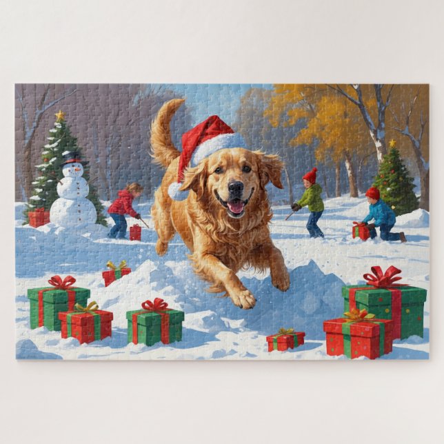 Puzzle Golden Retriever en neige avec Casquette de Noël (Horizontal)