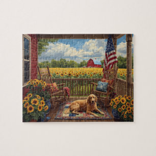 Puzzle Golden Retriever Porche Tournesols Drapeau USA