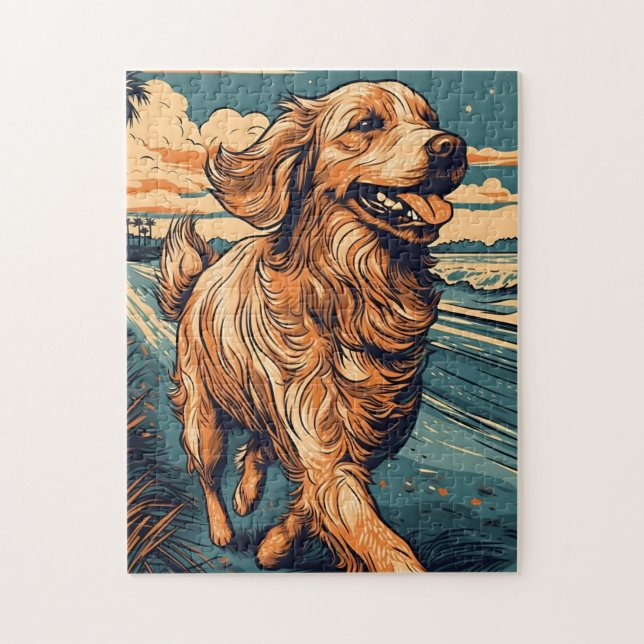 Puzzle Golden Retriever sur une plage tropicale au couche (Vertical)