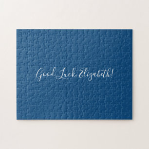 Puzzle Good Luck Custom Name Script on Solid Blue Funny