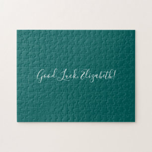 Puzzle Good Luck Custom Name Script on Solid Turquoise Fu