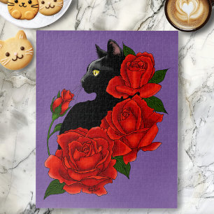 Puzzle Gothique Chat Noir Roses Rouges Violet