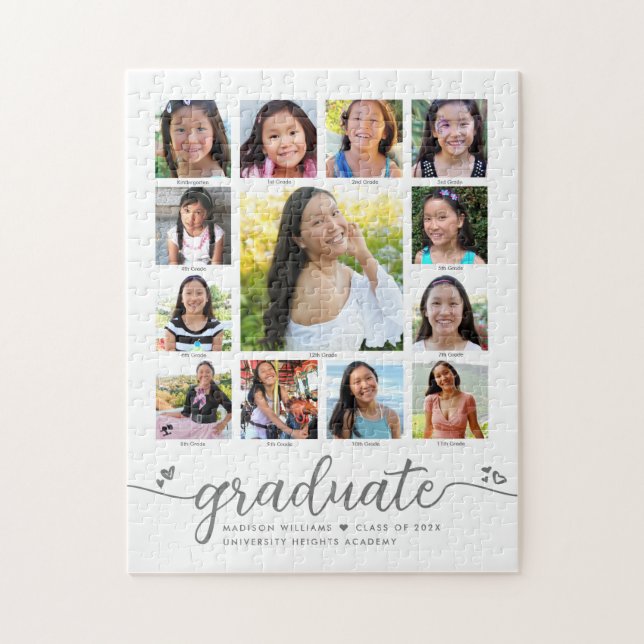 Puzzle Graduation K-12 Modern Script Photo Collage Blanc (Vertical)