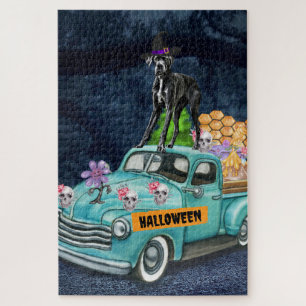 Puzzle Grand Danois Chien Halloween Camion Nuit Effrayant