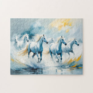 Puzzle Grand groupe de chevaux blancs traversant la mer