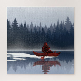 Puzzle Grand lac Bigfoot Canoë Forêt vierge de pins 