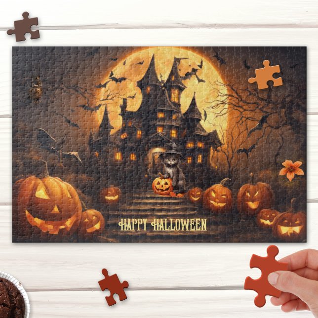 Puzzle Grand Mignonne Happy Halloween Haunted House Puzzl (Halloween puzzle featuring a cute fantasy scene with a black kitty with pumpkins at a haunted house)