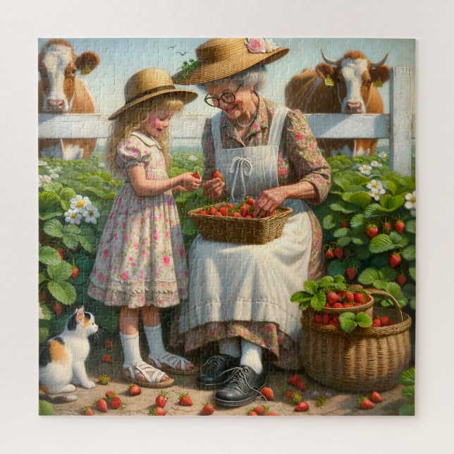 Puzzle Grandma & Me Strawberry Picking Summer Harvest Joy (Vertical)