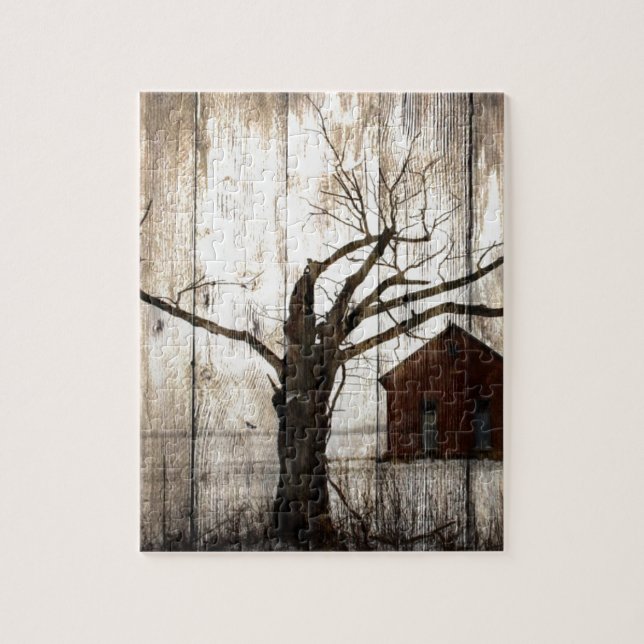Puzzle Grange primitive de rouge d'arbre d'hiver de fibre (Vertical)