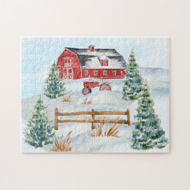 Puzzle Grange rouge, Tracteur rouge, Neige, Pins Arbres A (Horizontal)