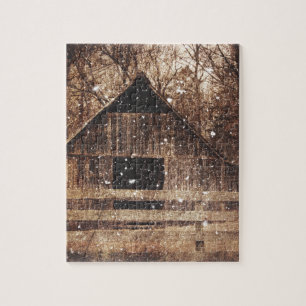 Puzzle Grange rurale d'hiver de pays primitif de neige