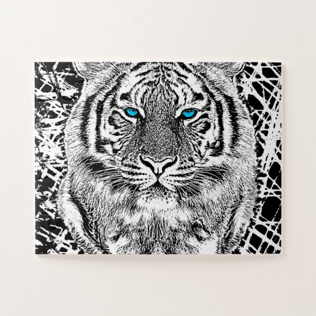 Puzzle Graphique de tigre noir et blanc aux yeux bleus (Horizontal)