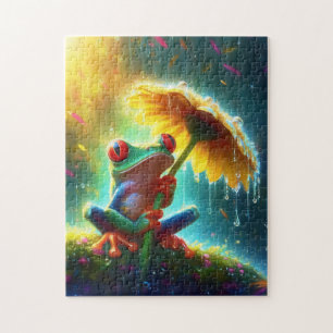 Puzzle Grenouille avec parapluie de marguerite jaune sous