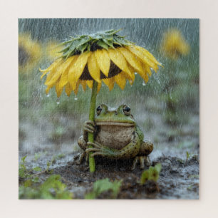 Puzzle Grenouille sous un parapluie tournesol sous la plu