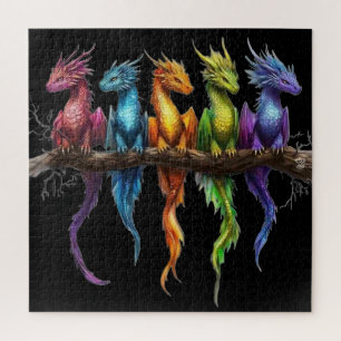 Puzzle Groupe Arc-en-ciel de bébés dragons sur fond noir