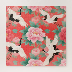 Puzzle Grues japonaises pivoines rouges Élégance chinoise