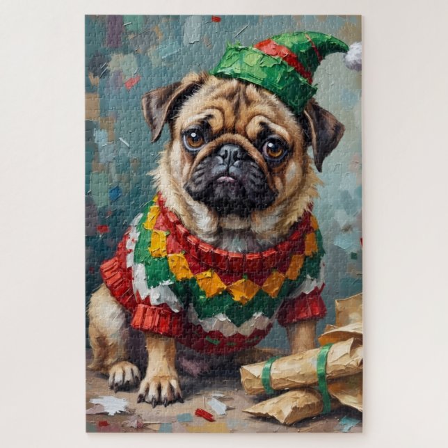 Puzzle Grumpy Pug Dog in Elf Hat Funny Christmas Art (Vertical)