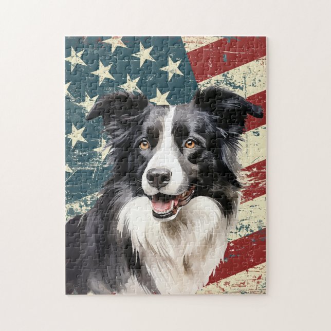 Puzzle Grunge American Flag Border Collie Dog (Vertical)