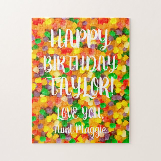 Puzzle Gumdromes de texte personnalisés | Joyeux annivers (Vertical)