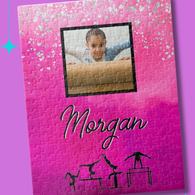 Puzzle Gymnastique rose, argent, Parties scintillant Phot (Custom made gymnastics puzzle with the name and photo of your gymnast)