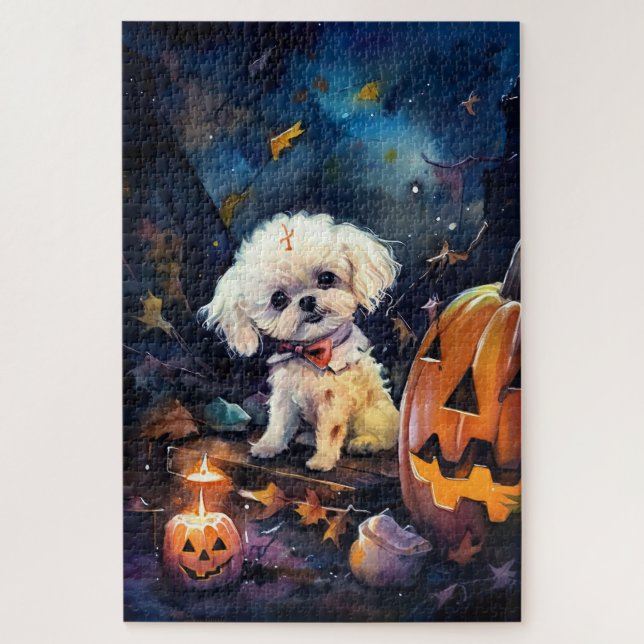 Puzzle Halloween Bichon Frise Avec La Peur Citrouille (Vertical)