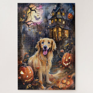 Puzzle Halloween Golden Retriever avec la peur Citrouille